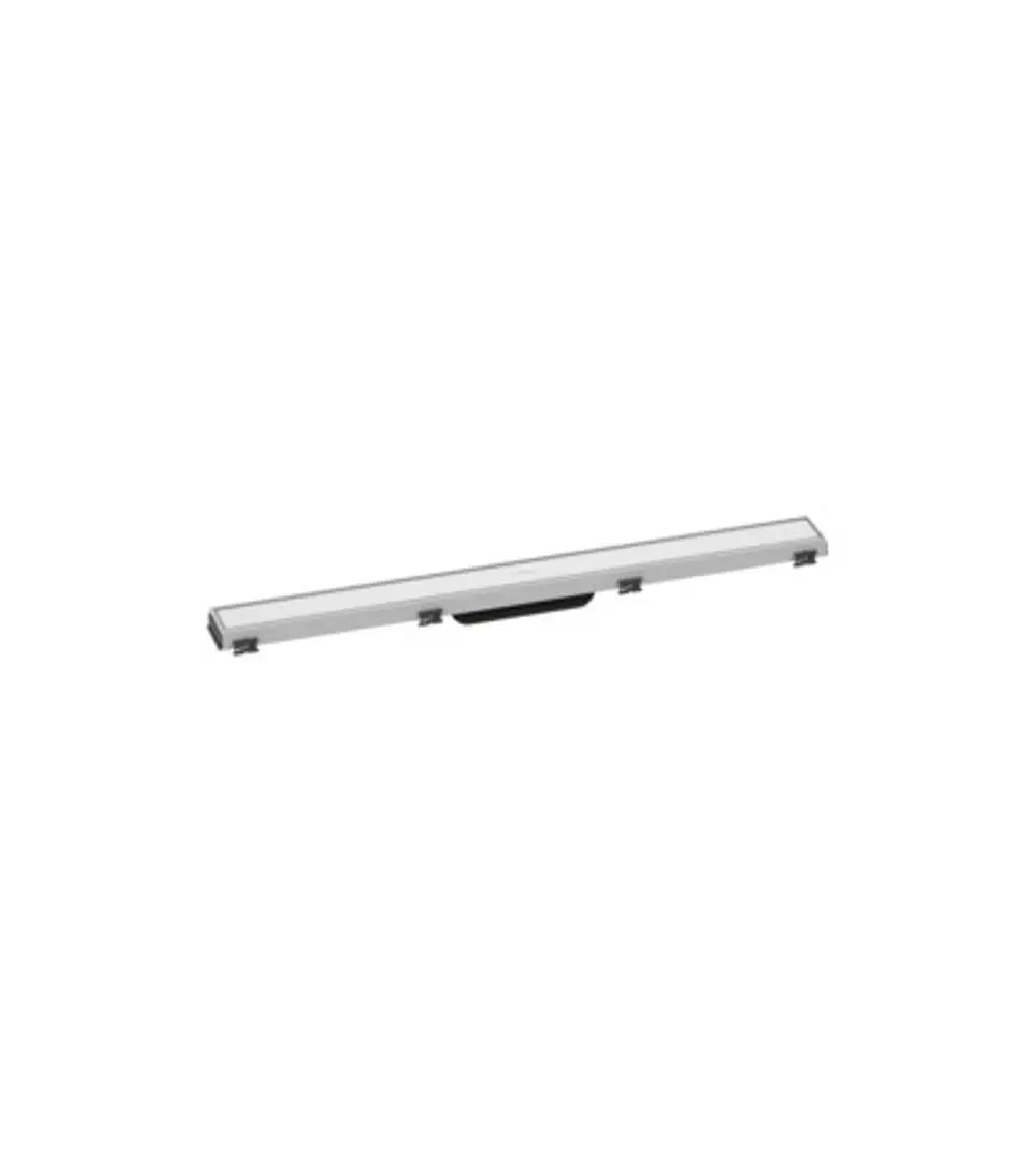 Duschrinne in Silber mit höhenverstellbarem Rahmen. Marke Hansgrohe. Schlichte Konstruktion ohne erkennbare Maße.